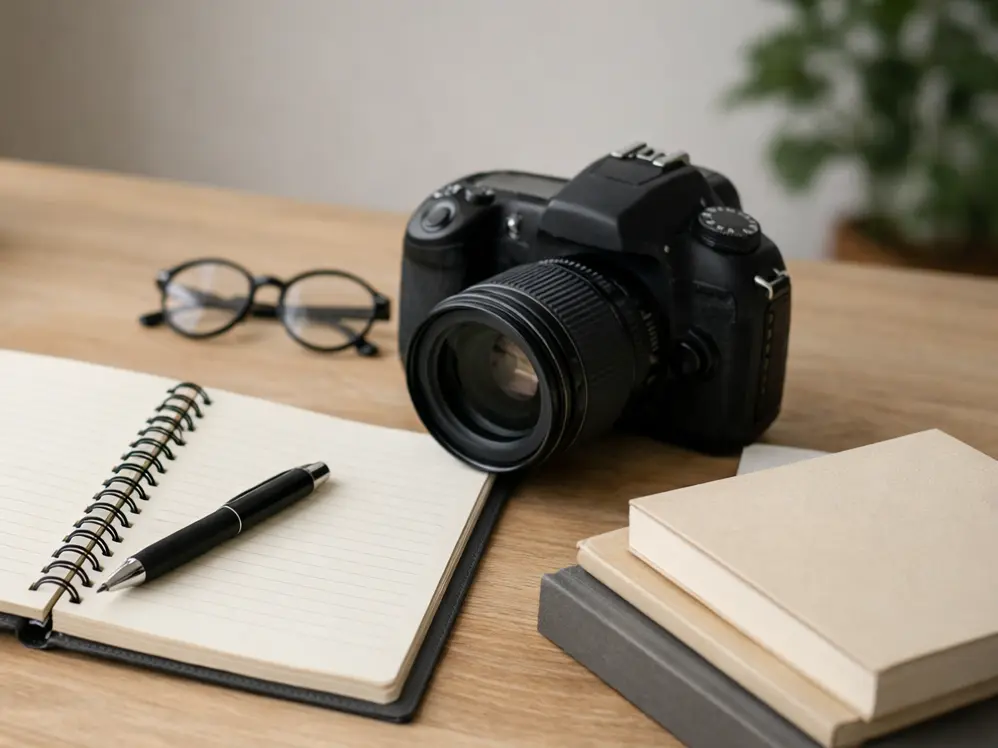 Editorial photography workspace with camera and notebook on a wooden desk