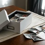 Photography workflow example: a photo archive box with printed photographs spread across a wooden table in soft window light.