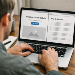 choosing images for landing pages vs blog posts shown on a laptop screen with a landing page layout beside a blog article layout