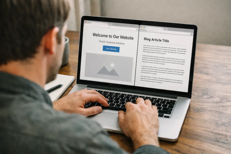 choosing images for landing pages vs blog posts shown on a laptop screen with a landing page layout beside a blog article layout
