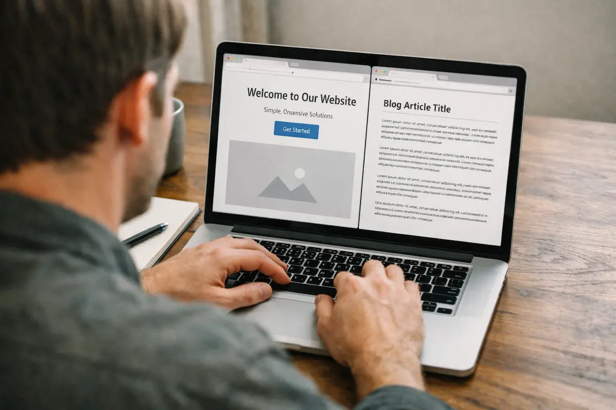 choosing images for landing pages vs blog posts shown on a laptop screen with a landing page layout beside a blog article layout