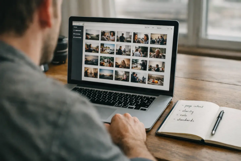 How marketing teams choose the wrong photos during image selection on a laptop with notes on page intent and standards