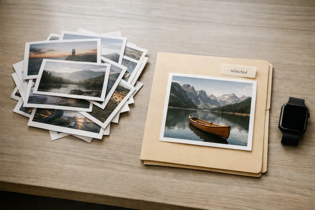 Choosing images under time pressure with one selected photo placed on a folder beside a stack of image options