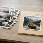 Choosing images under time pressure with one selected photo placed on a folder beside a stack of image options