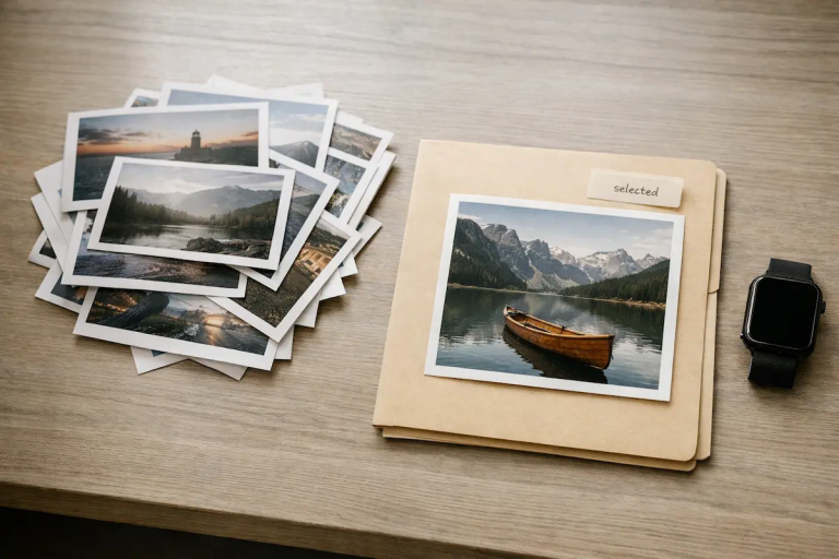 Choosing images under time pressure with one selected photo placed on a folder beside a stack of image options