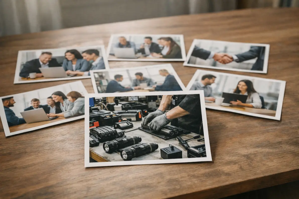 Choosing the Right Images: printed corporate stock photos on a desk with one real contextual photo selected in front