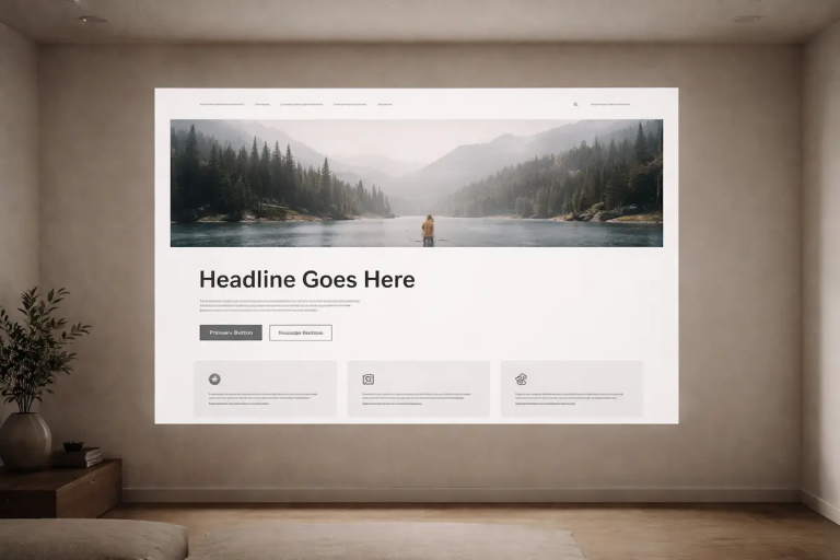 Hero images on websites displayed as a large homepage hero section projected on a wall to illustrate visual dominance and expectation setting