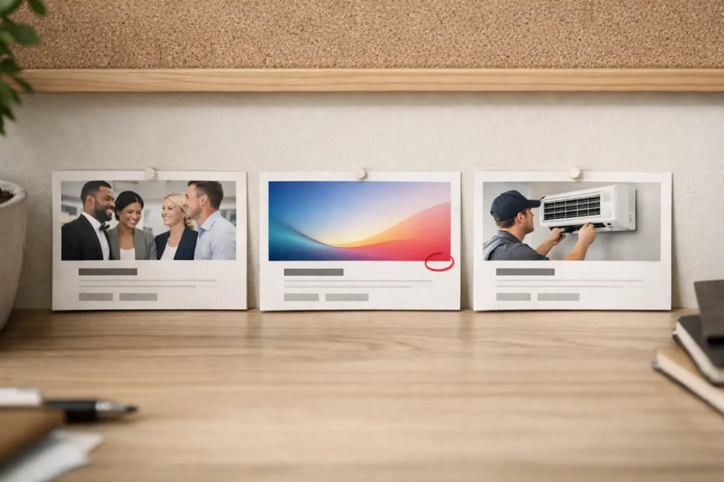 Comparison of three homepage hero layouts illustrating how homepage photos can create risk through generic or abstract image choices.