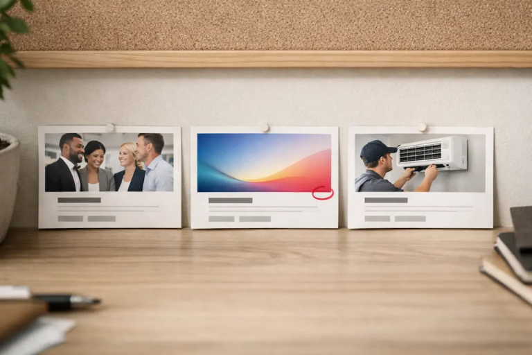 Comparison of three homepage hero layouts illustrating how homepage photos can create risk through generic or abstract image choices.