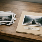 Image selection criteria shown through printed photo proofs, with one chosen image labeled “select” on a folder
