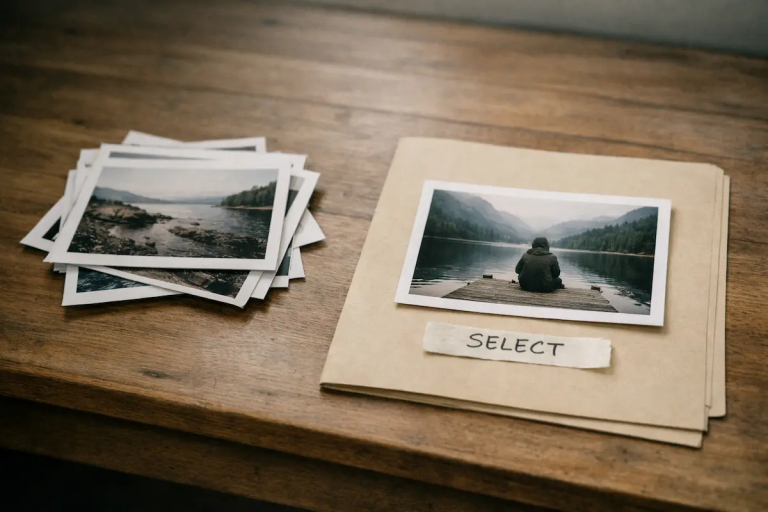 Image selection criteria shown through printed photo proofs, with one chosen image labeled “select” on a folder