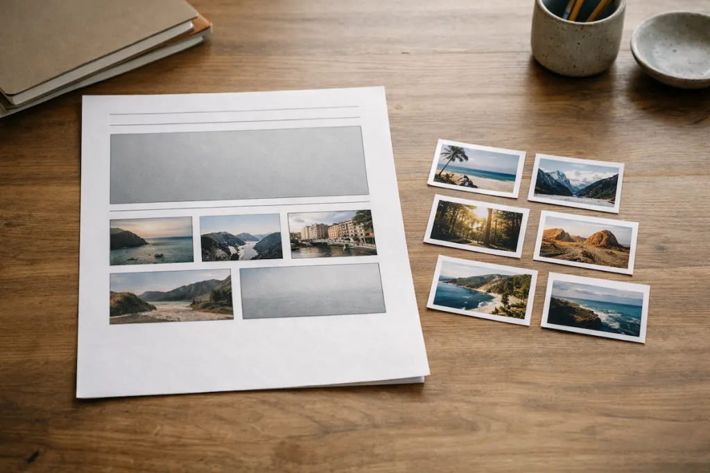 Lead vs supporting images shown through a printed webpage layout with one large hero image area and several smaller supporting photographs