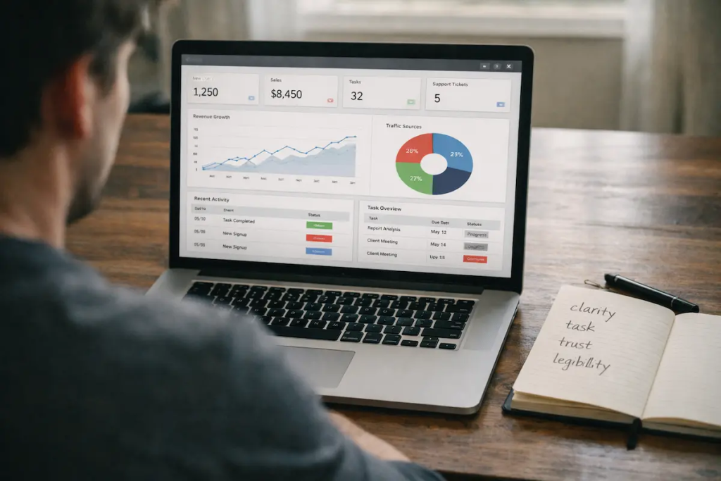 photography standards for saas websites shown on a laptop dashboard with notes on clarity, task, trust, and legibility