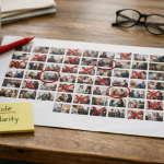 Stock photography on websites shown as a printed thumbnail grid with selected images circled and others rejected for role and clarity