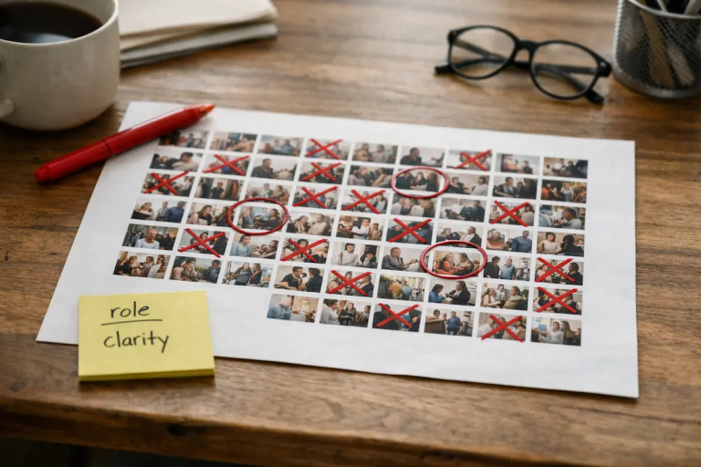 Stock photography on websites shown as a printed thumbnail grid with selected images circled and others rejected for role and clarity