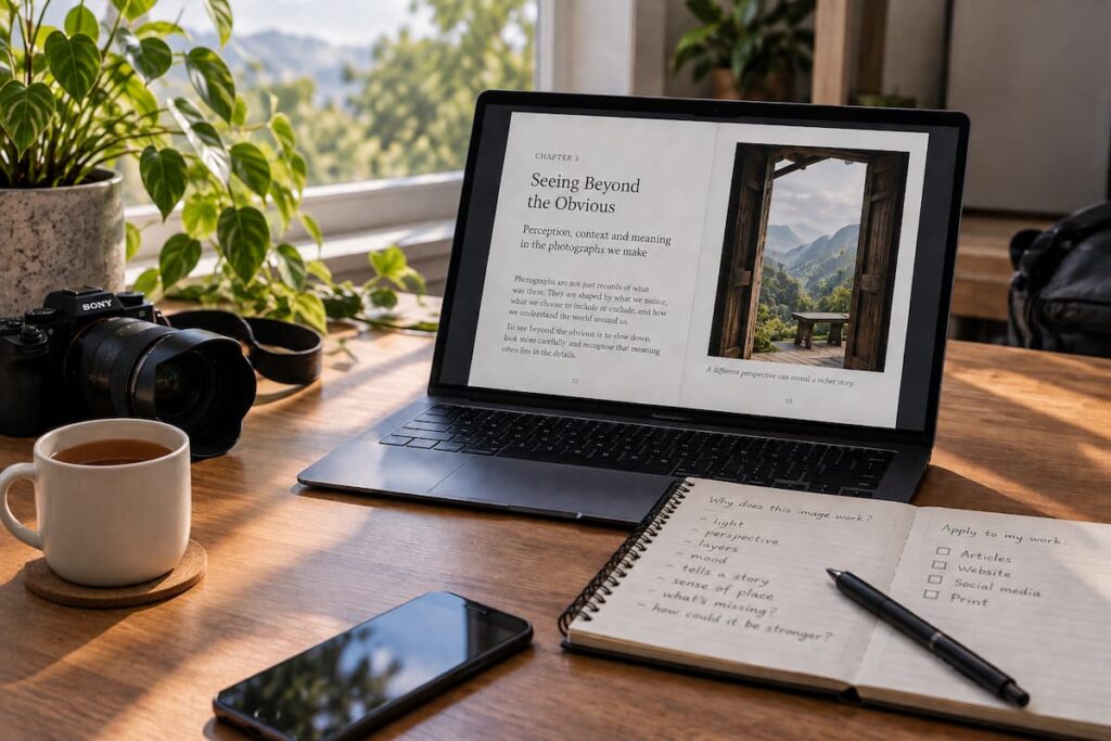 Photography resources workspace with an ebook, camera and notes exploring visual perception, image choices and storytelling.